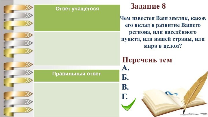 Перечень тем Чем известен Ваш земляк, каков его вклад в развитие Вашего