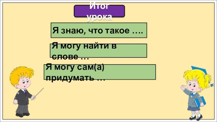 Итог урокаЯ знаю, что такое ….Я могу найти в слове …Я могу сам(а) придумать …