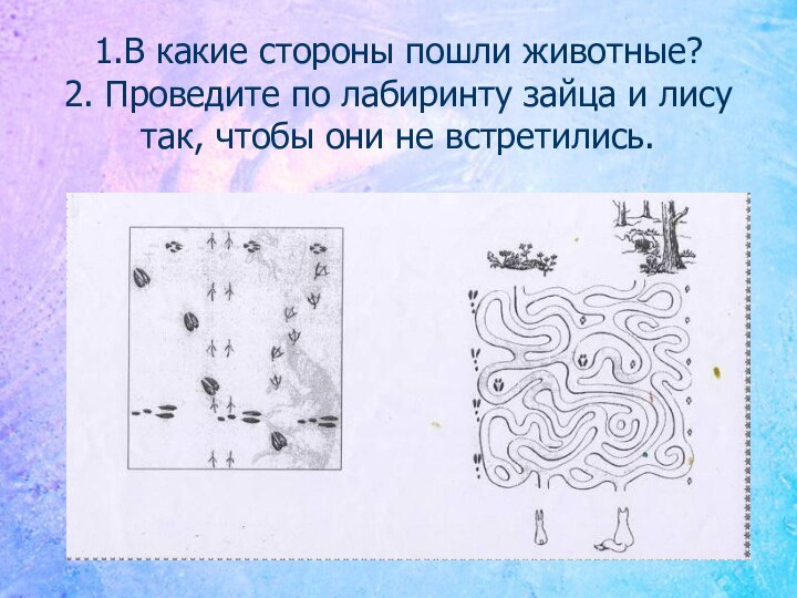 1.В какие стороны пошли животные? 2. Проведите по лабиринту зайца и лису