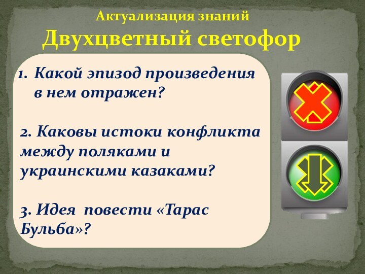 Актуализация знанийДвухцветный светофорКакой эпизод произведения в нем отражен? 2. Каковы истоки конфликта