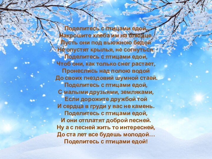 Поделитесь с птицами едой, Накрошите хлеба им на блюдце. Пусть они под