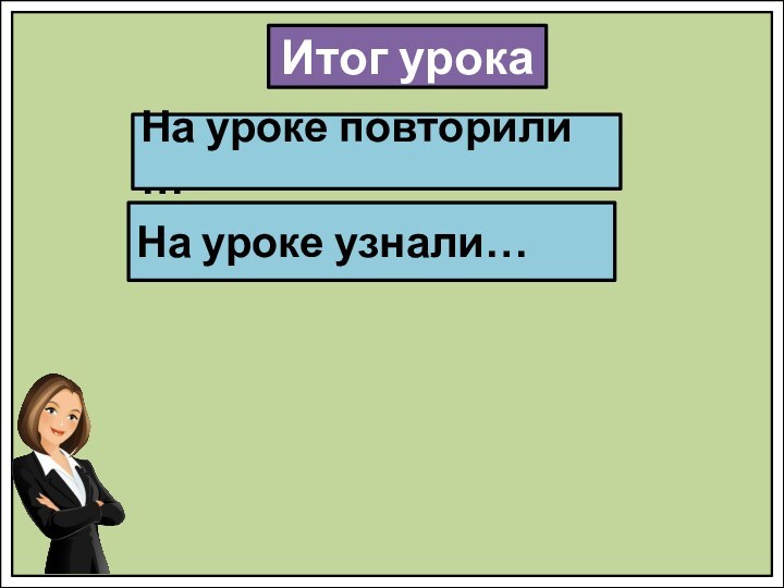 Итог урокаНа уроке повторили …На уроке узнали…