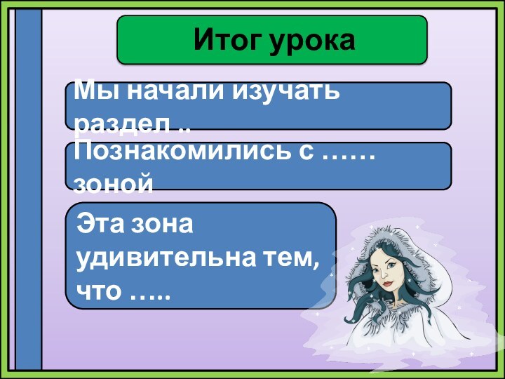 Итог урокаМы начали изучать раздел ..Познакомились с …… зонойЭта зона удивительна тем, что …..