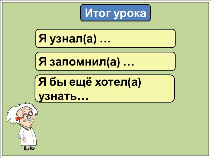 Итог урокаЯ узнал(а) …Я запомнил(а) …Я бы ещё хотел(а) узнать…