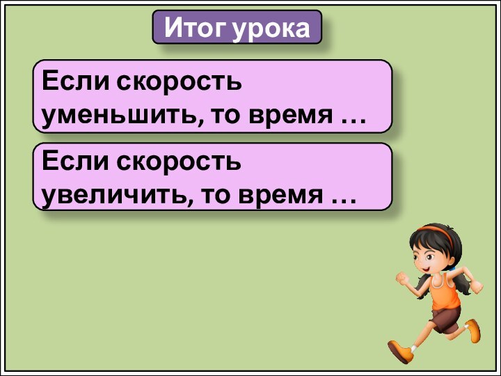 Итог урокаЕсли скорость уменьшить, то время …Если скорость увеличить, то время …