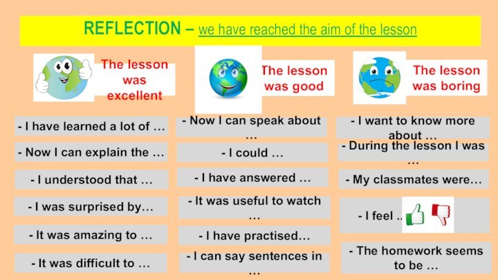 REFLECTION – we have reached the aim of the lesson The lesson