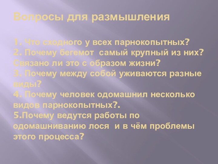 Вопросы для размышления  1. Что сходного у всех парнокопытных? 2. Почему