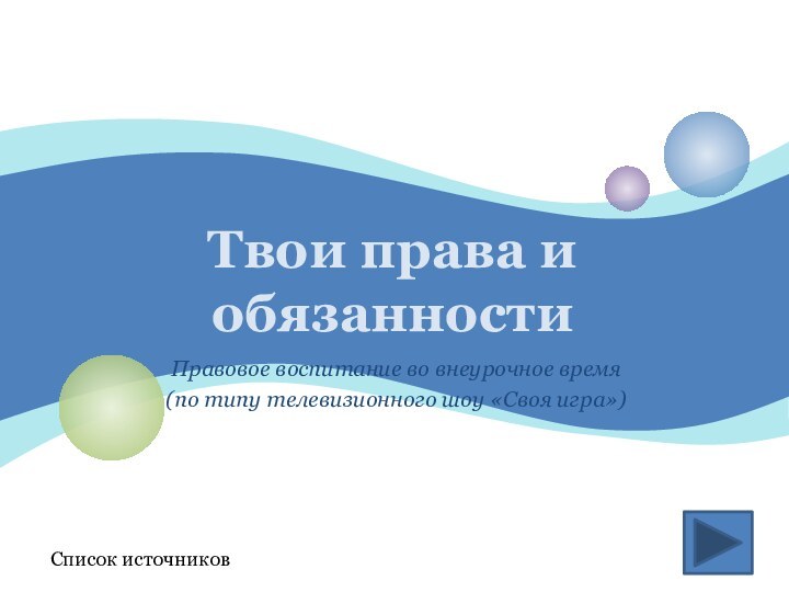 Твои права и обязанностиПравовое воспитание во внеурочное время(по типу телевизионного шоу «Своя игра»)Список источников