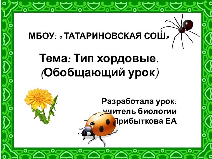 МБОУ: « ТАТАРИНОВСКАЯ СОШ» Тема: Тип хордовые.(Обобщающий урок)Разработала урок: учитель биологии Прибыткова ЕА