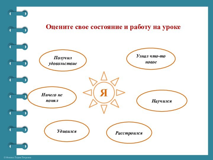 Оцените свое состояние и работу на урокеЯПолучил удовольствиеНичего не понялУдивилсяНаучилсяУзнал что-то новоеРасстроился