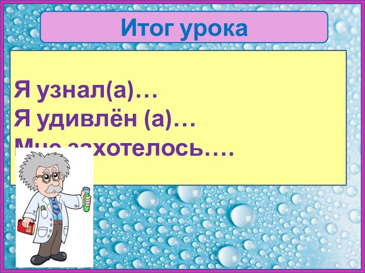 Итог урокаЯ узнал(а)…Я удивлён (а)…Мне захотелось….