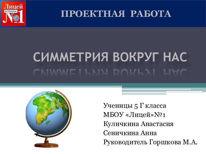 СИММЕТРИЯ ВОКРУГ НАСУченицы 5 Г классаМБОУ «Лицей»№1Куличкина Анастасия Сеничкина АннаРуководитель Горшкова М.А.ПРОЕКТНАЯ РАБОТА