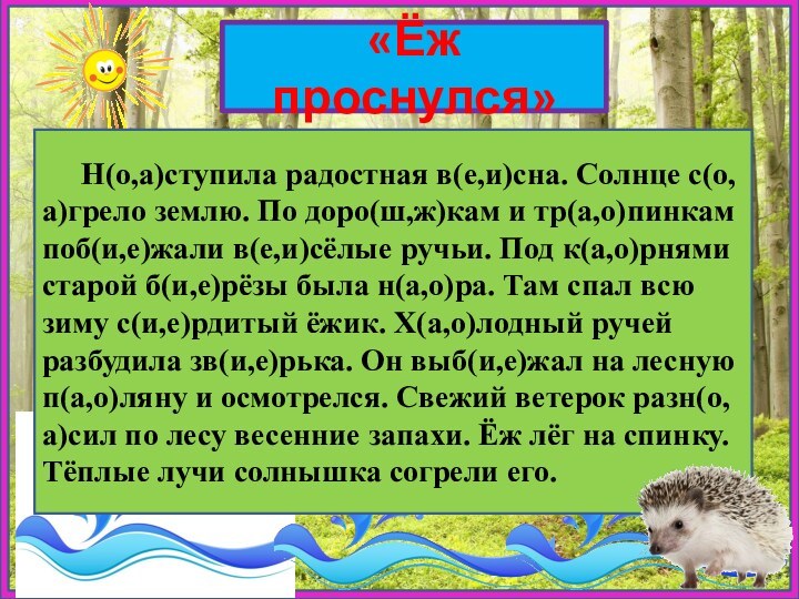 «Ёж проснулся»   Н(о,а)ступила радостная в(е,и)сна. Солнце с(о,а)грело землю. По