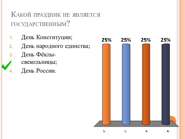 Какой праздник не является государственным?День Конституции;День народного единства;День Фёклы-свекольницы;День России.