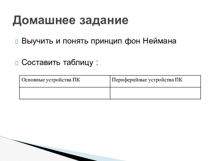 Выучить и понять принцип фон НейманаСоставить таблицу :Домашнее задание