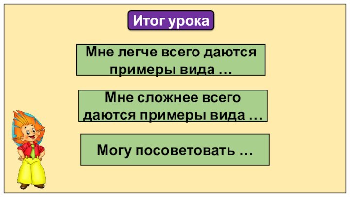 Итог урокаМне легче всего даются примеры вида …Мне сложнее всего даются примеры вида …Могу посоветовать …