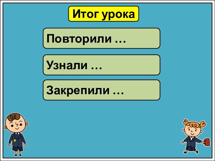 Итог урокаПовторили …Узнали …Закрепили …