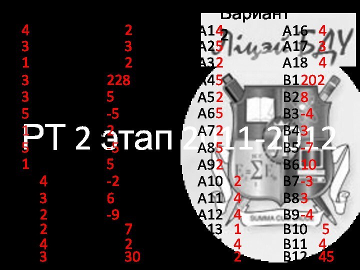 РТ 2 этап 2011-2012A1	4 Вариант 1A2	3 A3	1 A4	3 A5	3 A6	5 A7	1 A8	5