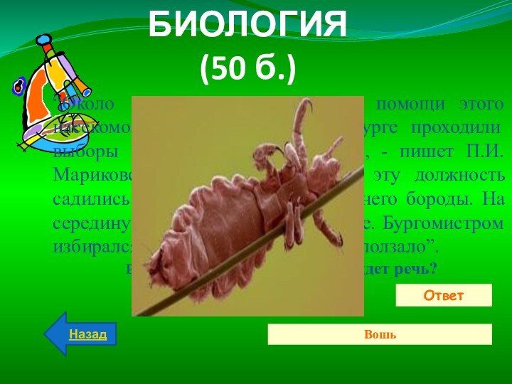 БИОЛОГИЯ (50 б.)ОтветВошьНазад“Около 100 лет тому назад при помощи этого насекомого у