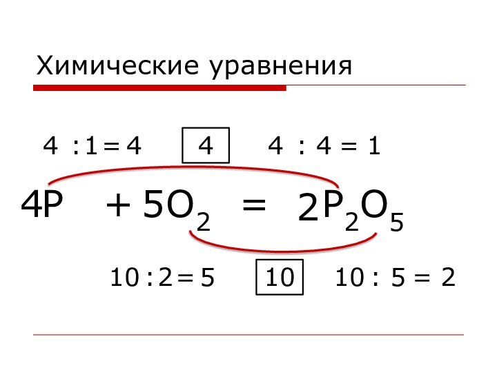 =PO2+P2O51010:5=210:2=55244:4=14:1=44Химические уравнения