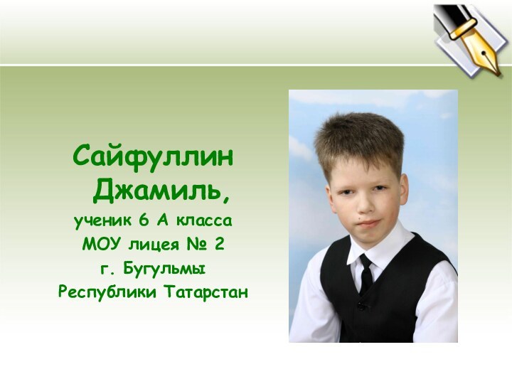 Сайфуллин Джамиль,ученик 6 А классаМОУ лицея № 2г. БугульмыРеспублики Татарстан