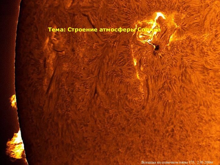 Тема: Строение атмосферы СолнцаВспышка на солнечном пятне 875, 2.05.2006г
