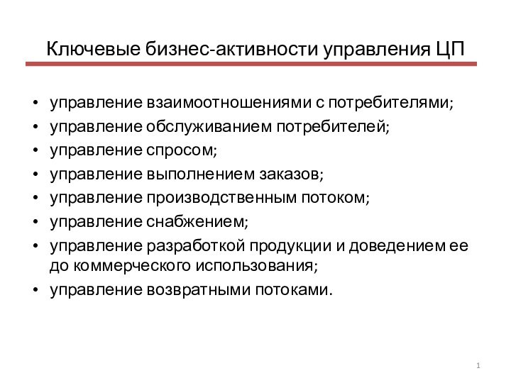 Ключевые бизнес-активности управления ЦП управление взаимоотношениями с потребителями;управление обслуживанием потребителей;управление спросом;управление выполнением