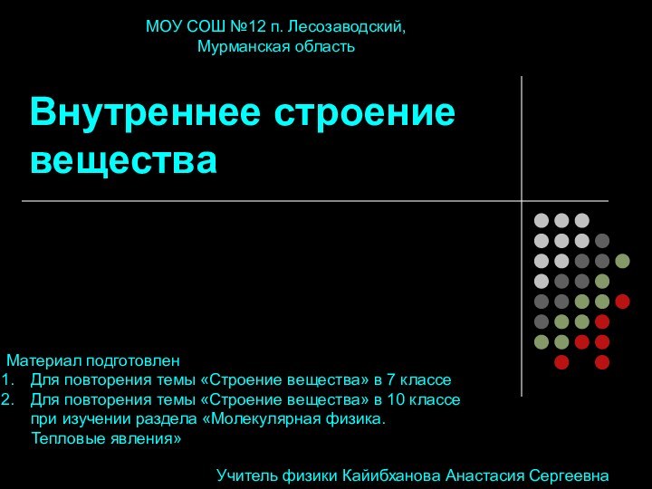 Внутреннее строение веществаУчитель физики Кайибханова Анастасия СергеевнаМОУ СОШ №12 п. Лесозаводский, Мурманская