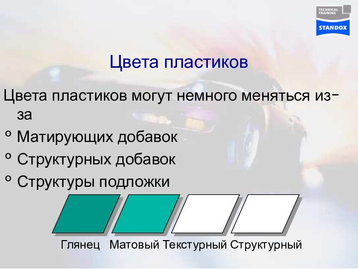 Цвета пластиковЦвета пластиков могут немного меняться из-заМатирующих добавокСтруктурных добавокСтруктуры подложки