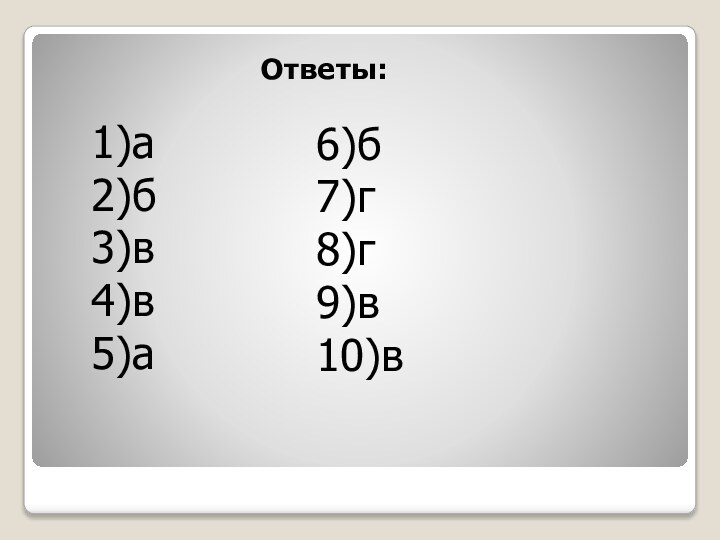 Ответы:  1)а2)б3)в4)в5)а6)б7)г8)г9)в10)в