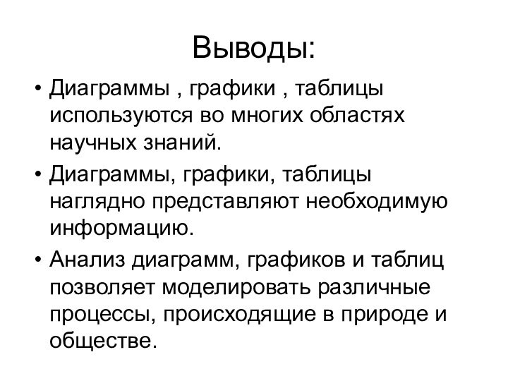 Выводы:Диаграммы , графики , таблицы используются во многих областях научных знаний.Диаграммы, графики,