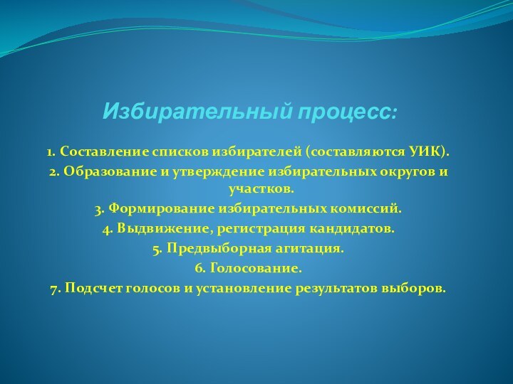 Избирательный процесс:1. Составление списков избирателей (составляются УИК).2. Образование и утверждение избирательных округов