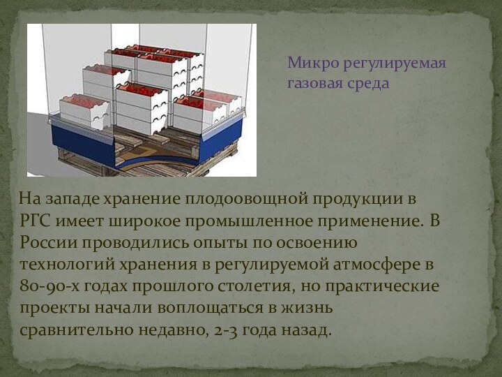 Микро регулируемая газовая среда  На западе хранение плодоовощной продукции в РГС