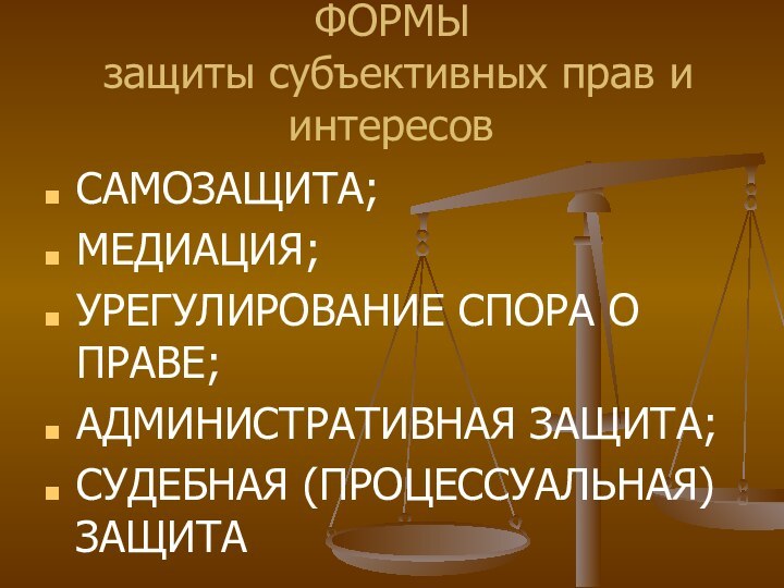 ФОРМЫ  защиты субъективных прав и интересовСАМОЗАЩИТА;МЕДИАЦИЯ;УРЕГУЛИРОВАНИЕ СПОРА О ПРАВЕ;АДМИНИСТРАТИВНАЯ ЗАЩИТА;СУДЕБНАЯ (ПРОЦЕССУАЛЬНАЯ) ЗАЩИТА