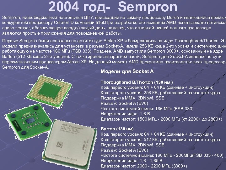 2004 год- SempronSempron, низкобюджетный настольный ЦПУ, пришедший на замену процессору Duron и