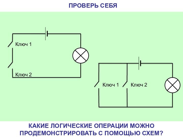 КАКИЕ ЛОГИЧЕСКИЕ ОПЕРАЦИИ МОЖНО ПРОДЕМОНСТРИРОВАТЬ С ПОМОЩЬЮ СХЕМ?ПРОВЕРЬ СЕБЯ