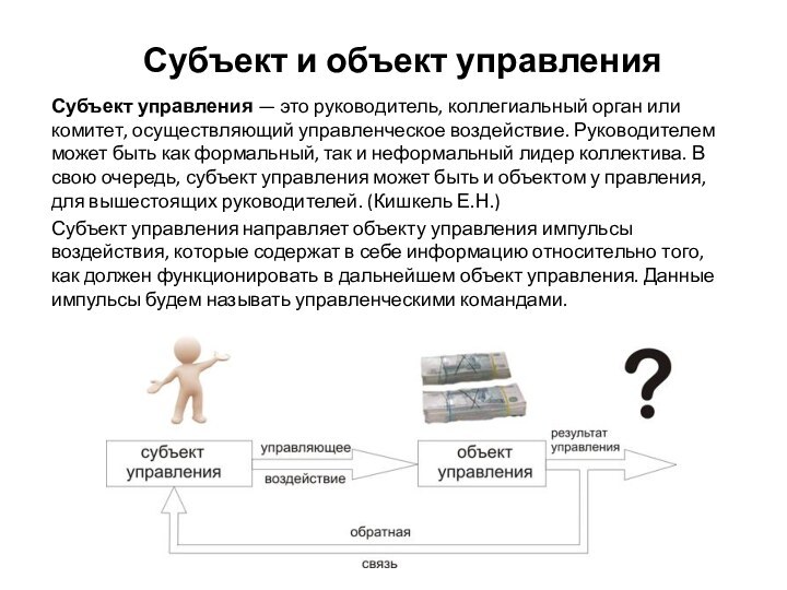 Субъект и объект управленияСубъект управления — это руководитель, коллегиальный орган или комитет,