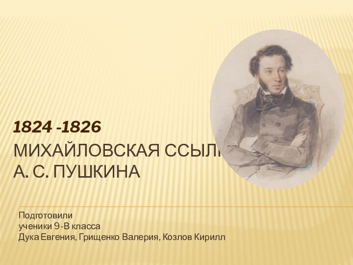 Михайловская ссылка  А. С. Пушкина Подготовилиученики 9-В класса Дука Евгения, Грищенко Валерия, Козлов Кирилл1824 -1826