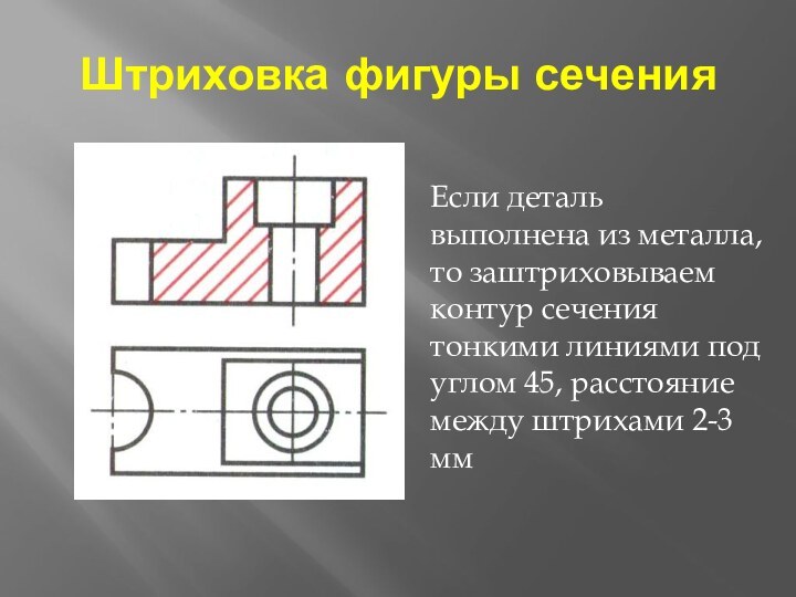 Штриховка фигуры сеченияЕсли деталь выполнена из металла, то заштриховываем контур сечения тонкими