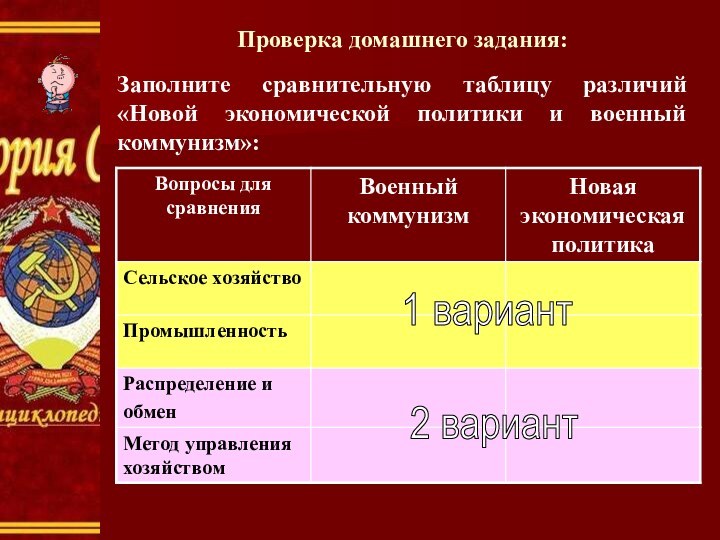 Проверка домашнего задания:Заполните сравнительную таблицу различий «Новой экономической политики и военный коммунизм»:1 вариант2 вариант