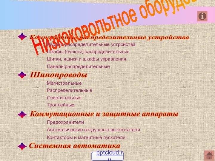 Низкоковольтное оборудованиеКомплектные распределительные устройства Коммутационные и защитные аппаратыСистемная автоматикаШинопроводыВводно-распределительные устройстваШкафы (пункты) распределительныеЩитки,