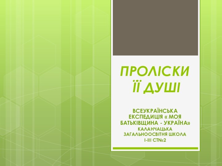 ПРОЛІСКИ  ЇЇ ДУШІВСЕУКРАЇНСЬКА ЕКСПЕДИЦІЯ « МОЯ  БАТЬКІВЩИНА - УКРАЇНА»КАЛАНЧАЦЬКА ЗАГАЛЬНООСВІТНЯ ШКОЛА І-ІІІ СТ№2