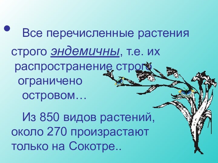 Все перечисленные растения строго эндемичны, т.е. их распространение строго  ограничено 	островом…		Из