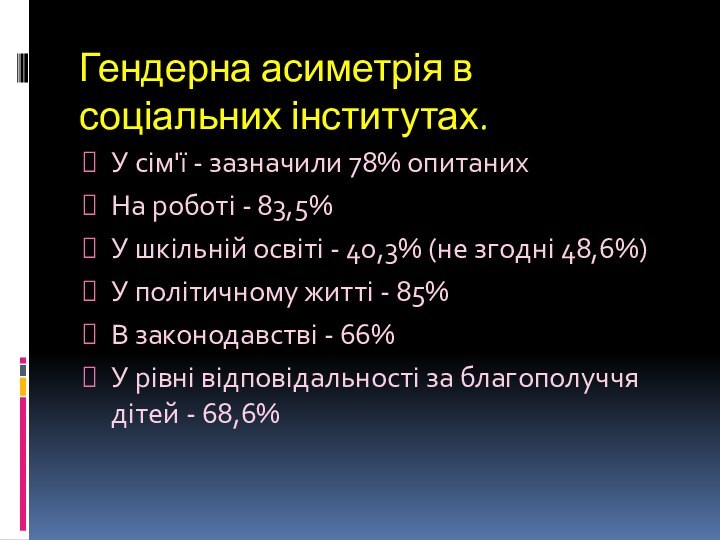 Гендерна асиметрія в соціальних інститутах.У сім'ї - зазначили 78% опитанихНа роботі -