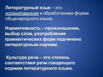 Литературный язык – это нормированная и обработанная форма общенародного языка.