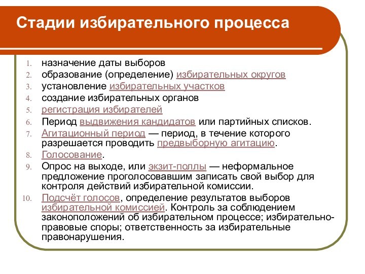 Стадии избирательного процесса назначение даты выборов образование (определение) избирательных округов установление избирательных