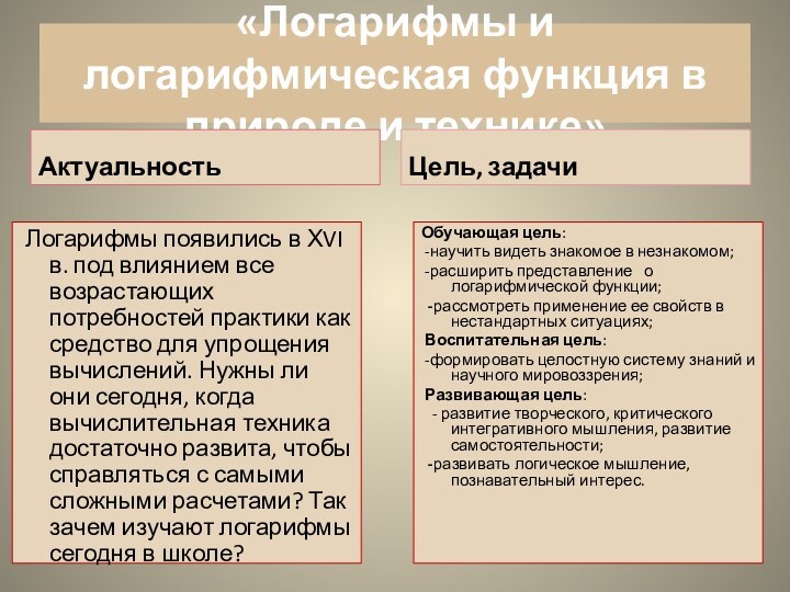 «Логарифмы и логарифмическая функция в природе и технике»Актуальность Логарифмы появились в ХVI