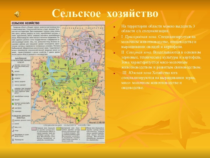 Сельское хозяйствоНа территории области можно выделить 3 области с/х специализации.I Пригородная зона.