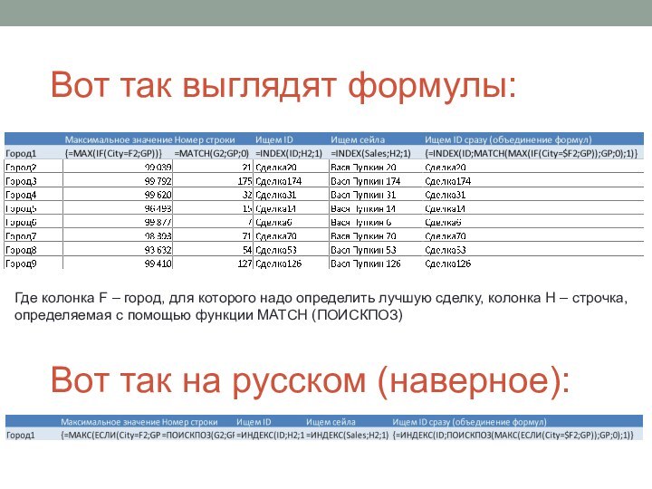 Вот так выглядят формулы:Где колонка F – город, для которого надо определить