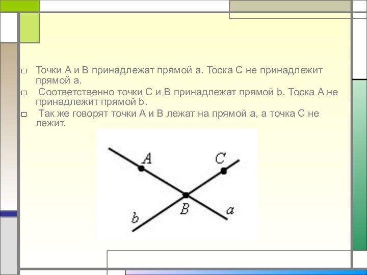 Точки A и B принадлежат прямой a. Тоска С не принадлежит прямой